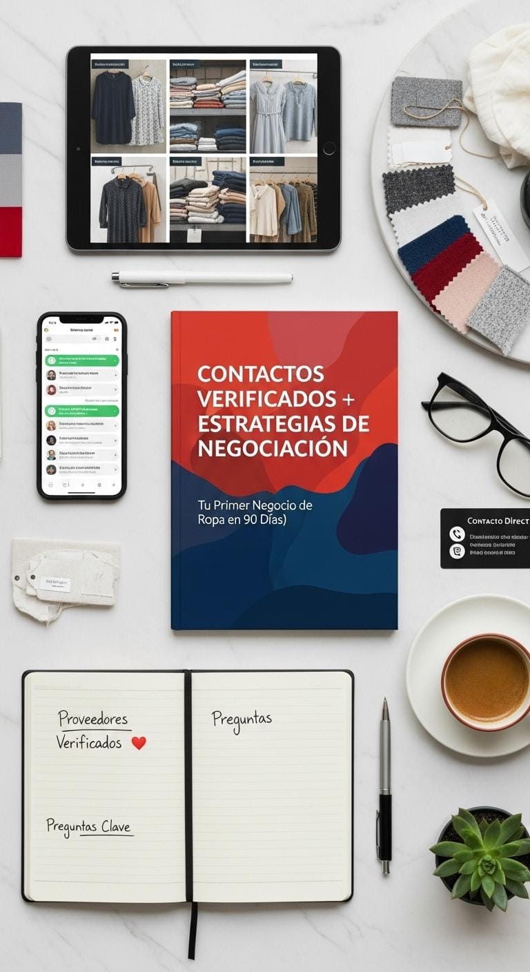 Imagen que muestra un una portada de guía para encontrar proveedores y distribuidores, también se muestra ceular, tableta y una taza de cafe, 