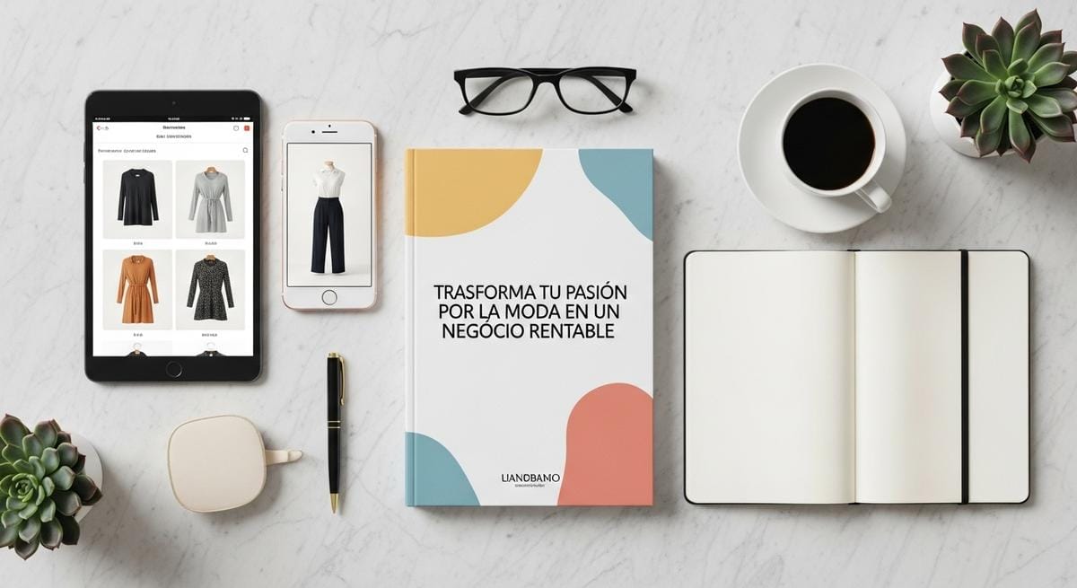 Vista superior de guía para emprender negocio de ropa rodeada de una tableta que muestra un catalogo de ropa en linea, un celular con una prenda de ropa y herramientas profesionales como cuaderno, pluma, café.