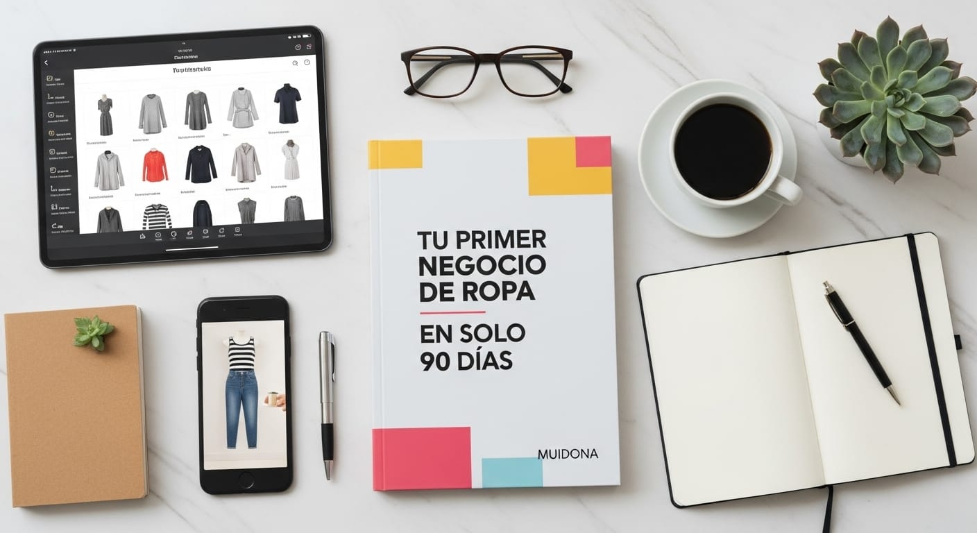Vista superior de guía para emprender negocio de ropa rodeada de una tableta que muestra un catalogo de ropa en linea, un celular con una prenda de ropa y herramientas profesionales como cuaderno, pluma, café.