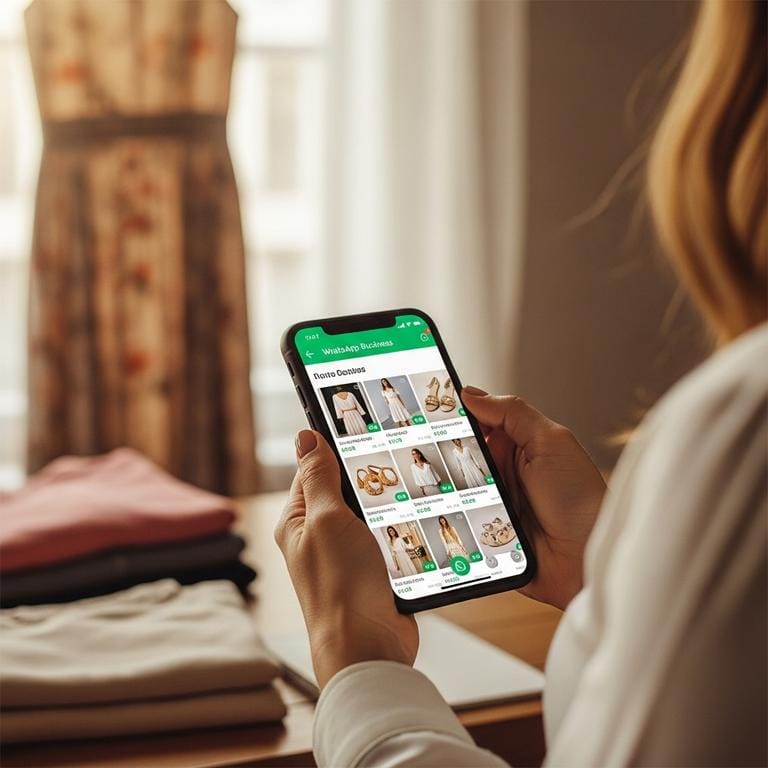 Manos sosteniendo teléfono mostrando catálogo organizado de WhatsApp Business con prendas de ropa y precios visibles, con inventario real desenfocado al fondo.