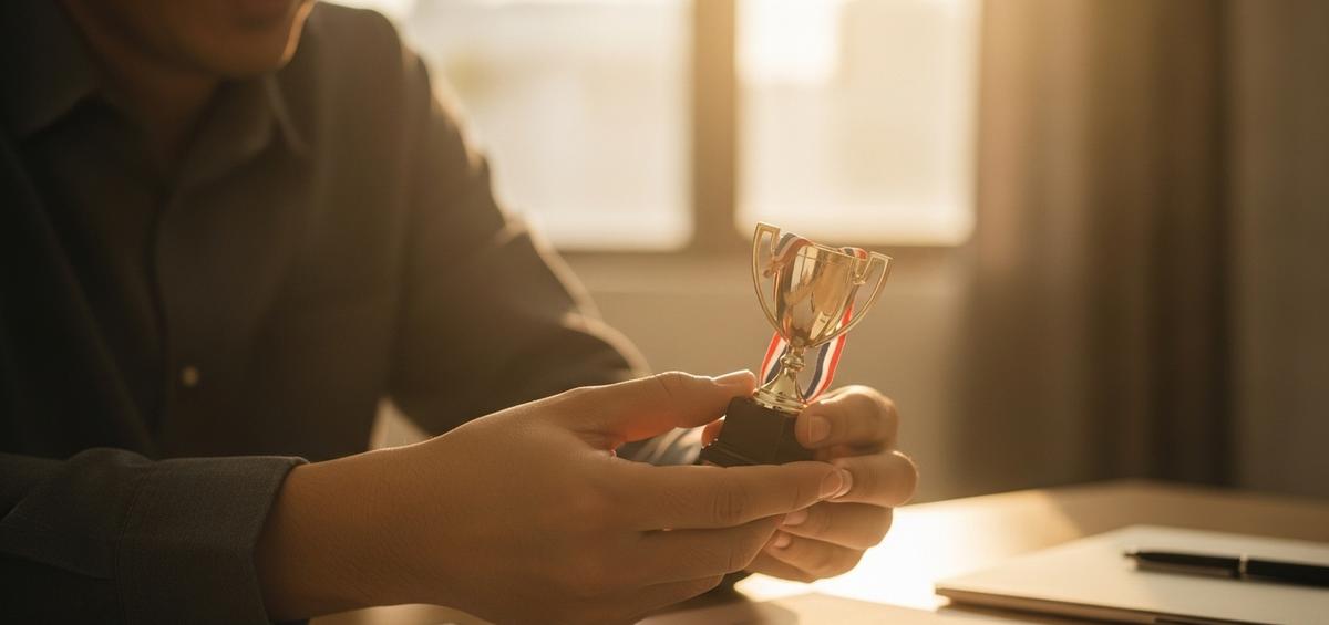 Manos sosteniendo un pequeño trofeo simbólico con una sonrisa genuina en el fondo, rodeado de evidencias de pequeños logros, representando la importancia de celebrar las pequeñas victorias.