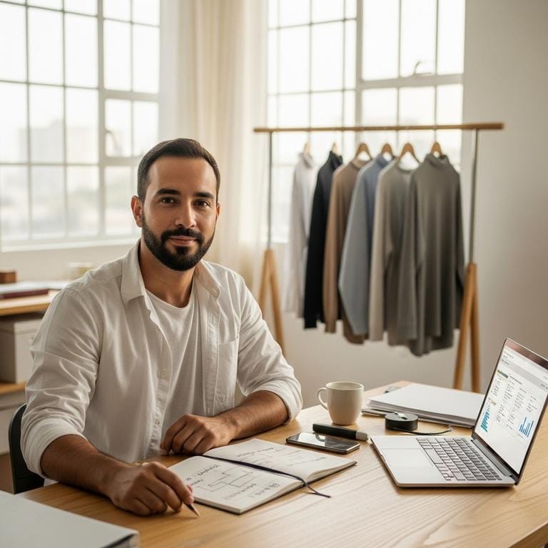 Emprendedor sentado en su escritorio organizado con expresión de determinación tranquila, frente a un cuaderno con un plan claro, laptop y espacio de trabajo ordenado iluminado por luz natural, representando la claridad y confianza que viene de tener una guía y un plan de acción.