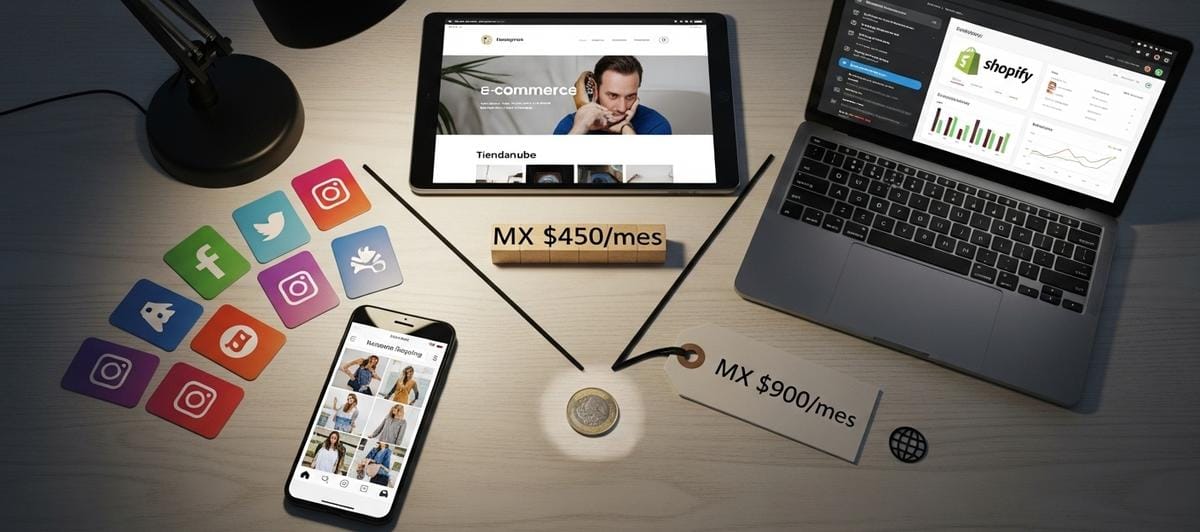 Composición dividida mostrando el contraste entre el mito y la realidad de emprender: a la izquierda, una torre intimidante de billetes con iluminación fría; a la derecha, una mano sosteniendo pocos billetes junto a una planta pequeña creciendo, iluminada con luz cálida, simbolizando que se puede empezar con poco.