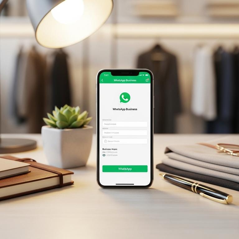 Smartphone mostrando perfil completo de WhatsApp Business sobre escritorio organizado con elementos de negocio de ropa, transmitiendo profesionalismo y confianza.