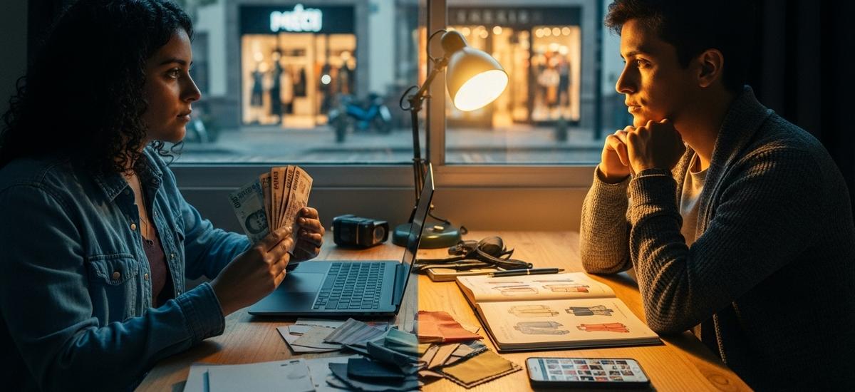 Joven emprendedor mexicano sentado en su escritorio de casa, sosteniendo billetes mientras mira pensativamente su laptop. Sobre el escritorio hay diseños de ropa y muestras de tela. A través de la ventana se ve una calle comercial con boutiques, simbolizando el sueño de tener su propio negocio de moda.