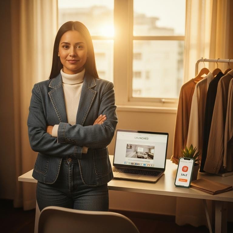 Emprendedora de pie con expresión segura y confiada junto a su espacio de trabajo con laptop mostrando tienda lanzada y primera venta en teléfono, capturando el momento de claridad y decisión informada sobre qué plataforma elegir.