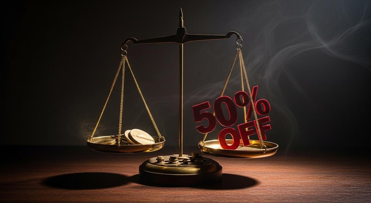 Balanza antigua con monedas de oro en un lado y letrero de descuento en otro, simbolizando el delicado equilibrio entre promociones y rentabilidad en negocios de moda.