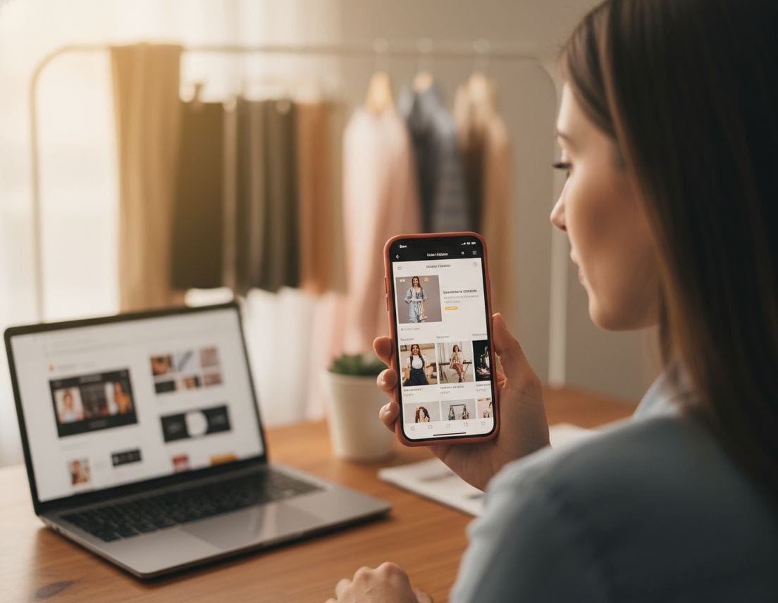 Emprendedora evaluando críticamente el diseño de una tienda online en su smartphone con muestras de ropa y plantillas web al fondo, capturando la importancia de la primera impresión visual para una tienda de ropa.