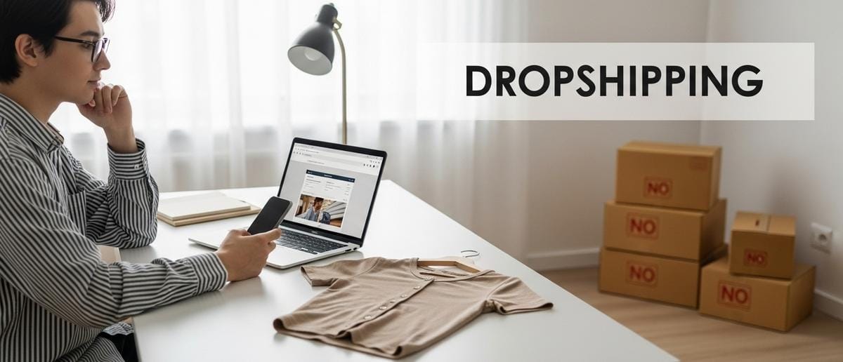 
Emprendedor en oficina minimalista con laptop y una prenda de muestra, sin inventario visible, representando el modelo de dropshipping sin necesidad de stock.