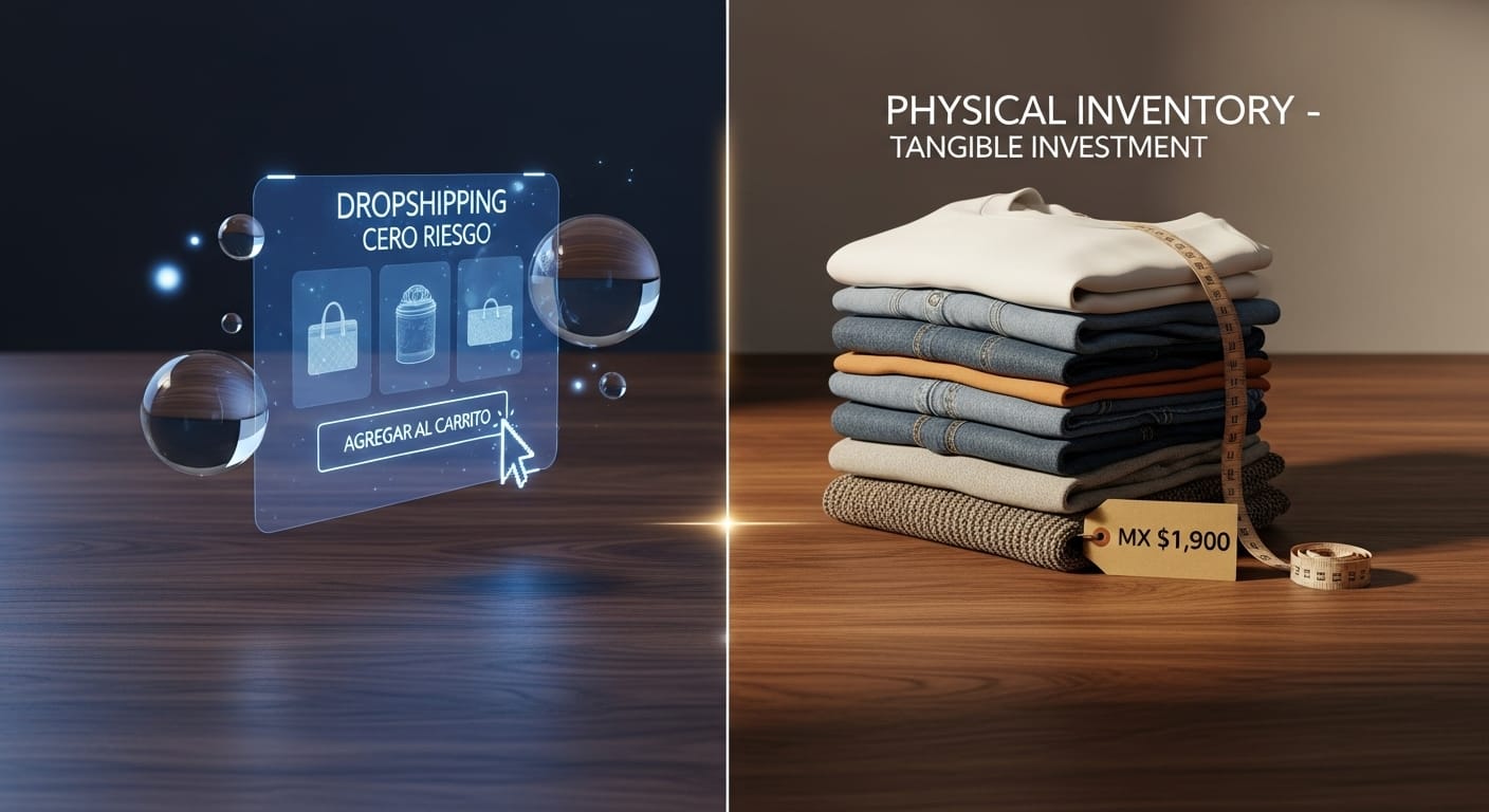 Comparación visual entre dos modelos de inventario: lado izquierdo muestra concepto digital de dropshipping con interfaz holográfica y esferas de cristal, iluminación fría; lado derecho muestra pila ordenada de ropa física con etiqueta de precio de $3,500 pesos, iluminación cálida, simbolizando inversión tangible.