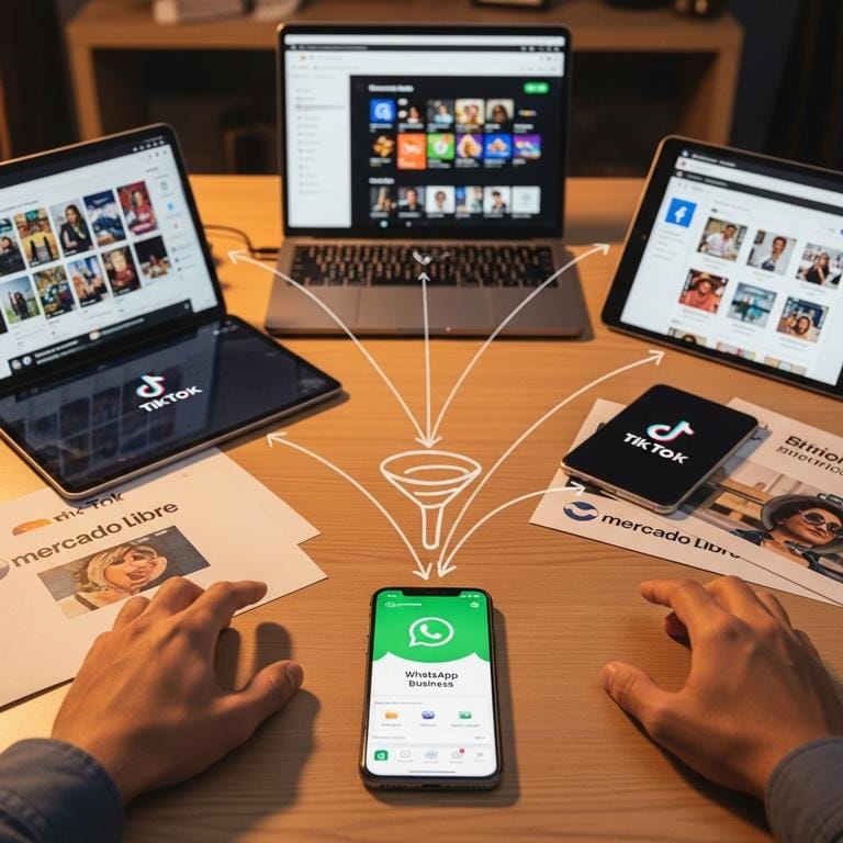 Escritorio mostrando integración de plataformas digitales - Instagram, Facebook, TikTok, Mercado Libre - todas convergiendo hacia WhatsApp Business como centro del embudo de ventas.