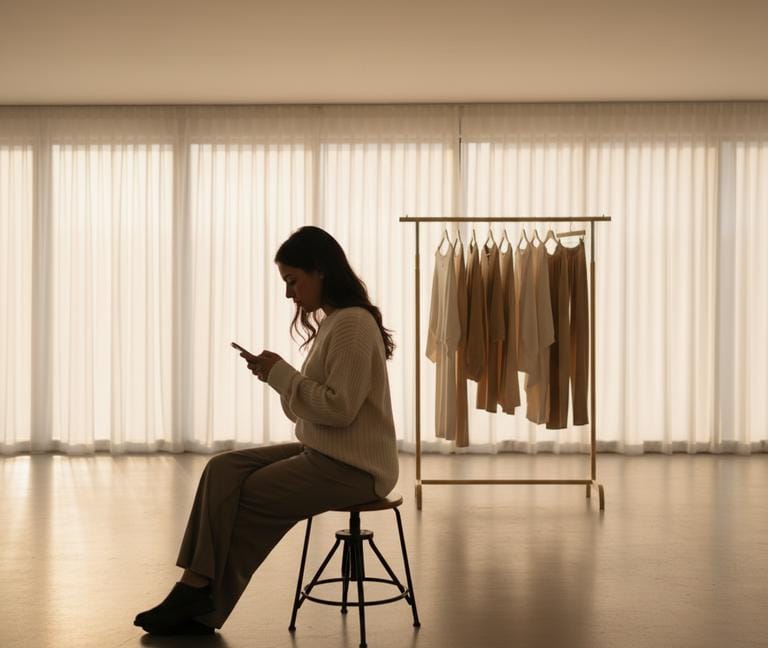 Emprendedora sentada sola en una habitación luminosa y hermosa con ropa perfectamente curada en un perchero, pero sin clientes, mirando su teléfono con expresión decepcionada, representando un negocio bien preparado pero invisible por falta de marketing.