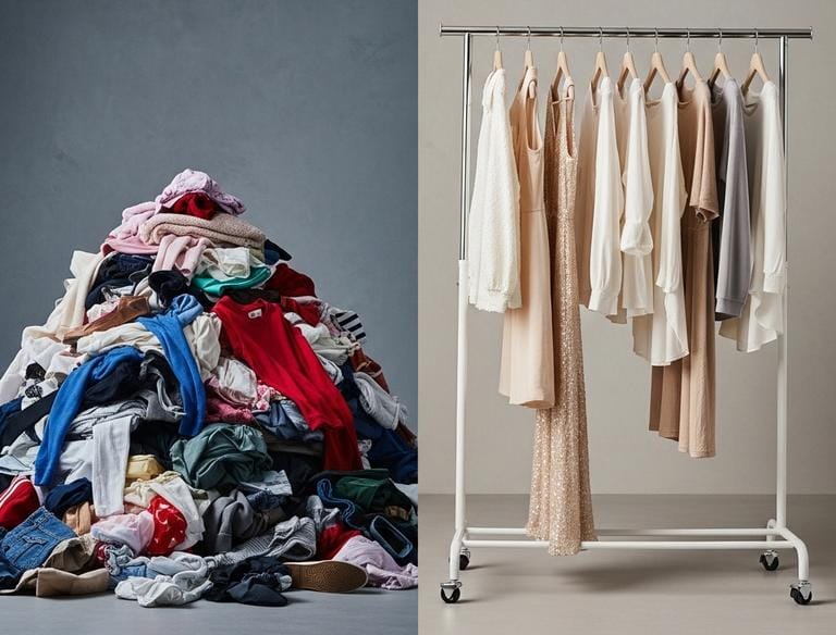 Imagen comparativa dividida mostrando a la izquierda una pila caótica de ropa mezclada de diferentes tipos y colores, y a la derecha un perchero minimalista con prendas cuidadosamente seleccionadas en tonos neutros, ilustrando el contraste entre vender de todo versus tener un nicho definido.