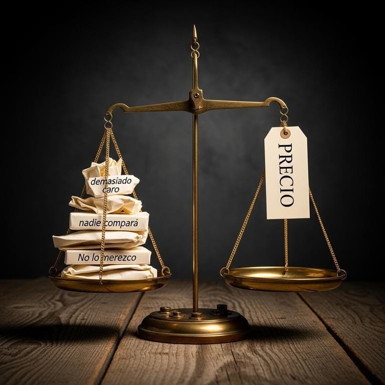 Balanza antigua de latón desequilibrada con papeles arrugados representando miedos y dudas en un lado pesando más que una etiqueta de precio justo en el otro lado, simbolizando cómo el miedo lleva a la desvalorización en los precios.