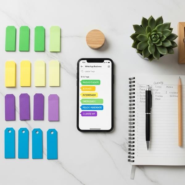 Vista aérea de smartphone mostrando sistema de etiquetas de WhatsApp Business con categorías de clientes organizadas por colores, rodeado de notas y elementos de organización.