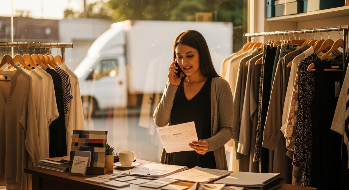 Emprendedor sonriente en boutique organizada hablando por teléfono con factura en mano, con camión de entrega visible por ventana, representando un negocio exitoso basado en relaciones sólidas con proveedores.