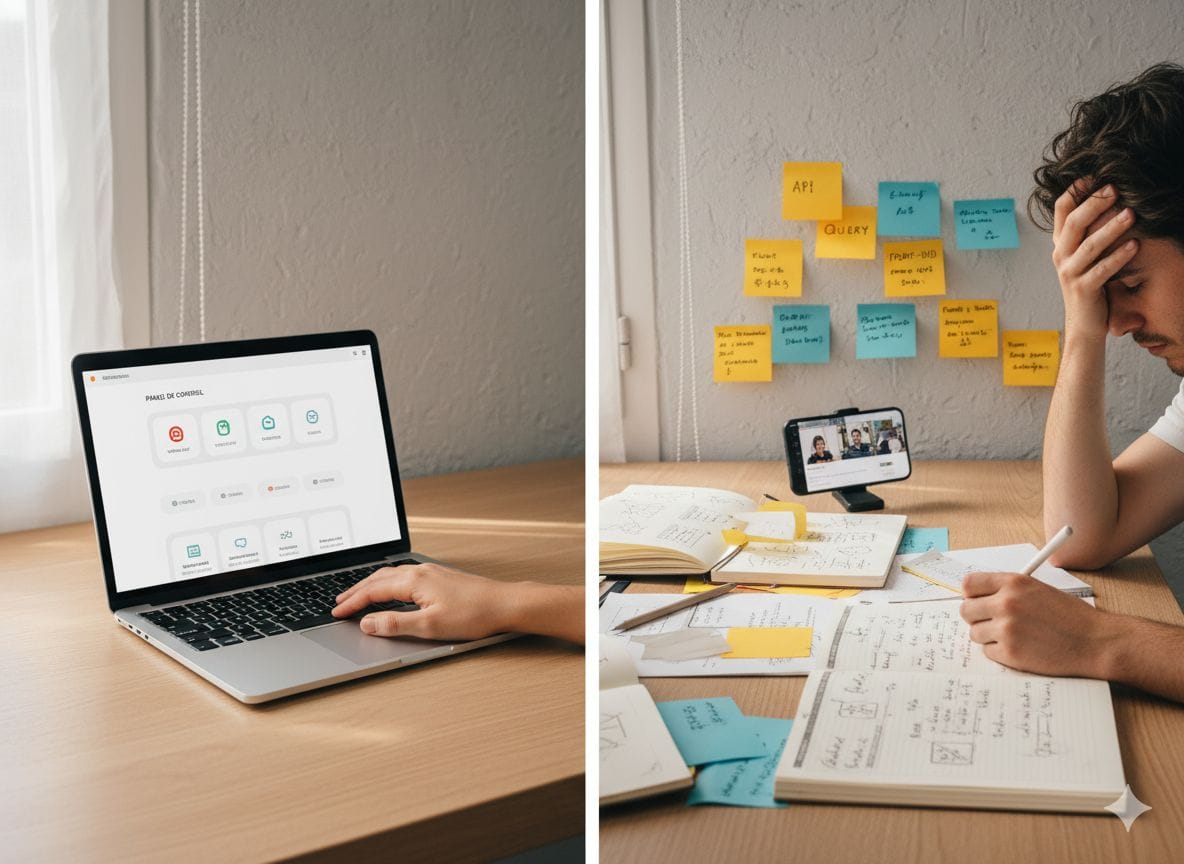 Comparación visual de dos espacios de trabajo: uno ordenado y simple con interfaz intuitiva, otro con múltiples recursos y notas mostrando la complejidad de aprender una plataforma, representando la diferencia de facilidad de uso entre plataformas.