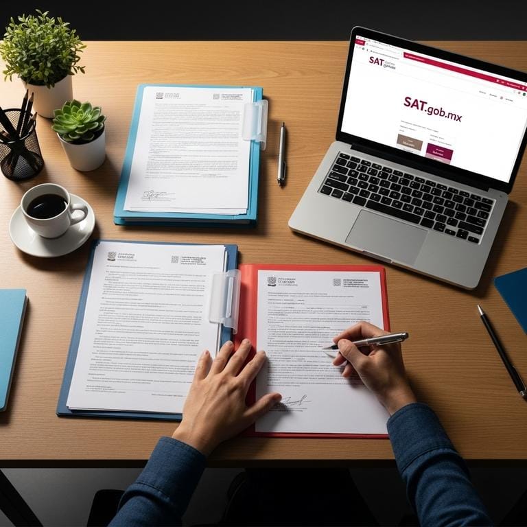 Vista cenital de escritorio organizado con documentos oficiales mexicanos de RFC, IMPI y licencias comerciales ordenados en carpetas transparentes, manos llenando formularios con calma, laptop mostrando página del SAT, representando que la formalización legal es un proceso manejable y organizado.
