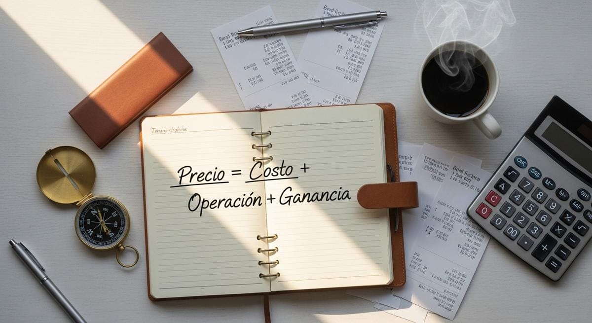 Vista cenital de escritorio organizado con cuaderno mostrando fórmula de precio, calculadora, brújula y café, simbolizando claridad y método para calcular precios en negocios de moda.