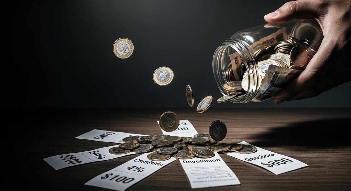 Manos sosteniendo frasco de vidrio inclinado con monedas y billetes mexicanos cayendo. En superficie oscura, recibos dispersos muestran gastos ocultos: envíos, comisiones, mermas, fotografía. Iluminación dramática lateral, una moneda congelada en el aire. Concepto visual de costos que se escapan del presupuesto.