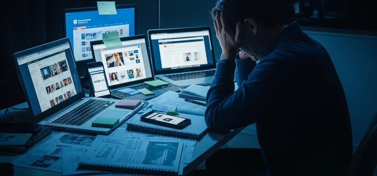 Una persona sentada en un escritorio desordenado por la noche, con la cabeza entre las manos, rodeada de múltiples pantallas y notas, simbolizando la parálisis por exceso de información.