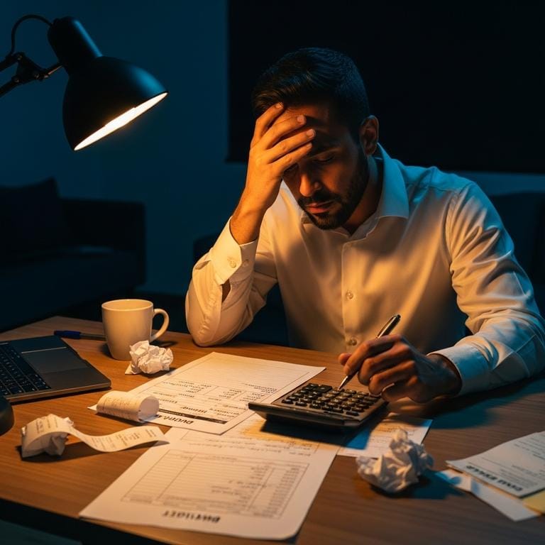Emprendedor trabajando tarde en la noche bajo la luz de una lámpara de escritorio, con la cabeza entre las manos rodeado de calculadora, recibos y papeles con números, expresando la angustia de la falta de planificación financiera.