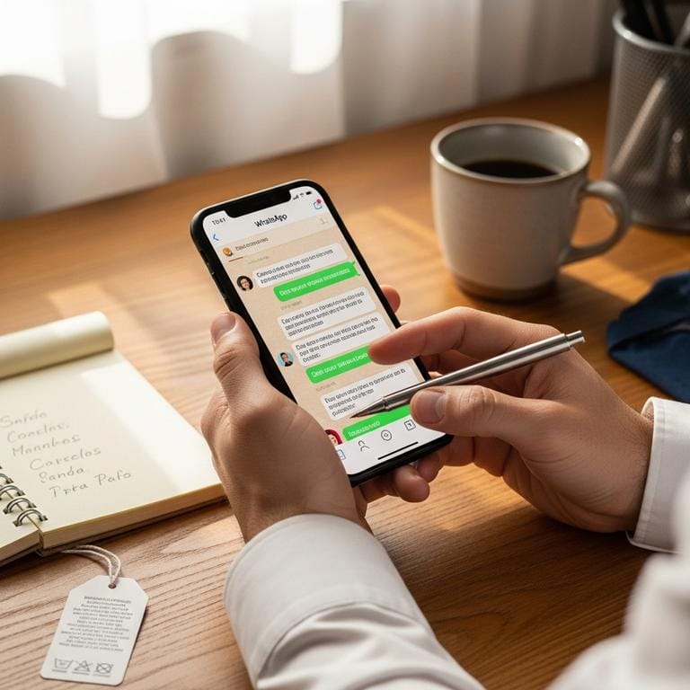 Manos de emprendedor escribiendo un mensaje personalizado en WhatsApp a un cliente, rodeado de notas con preferencias de clientes y una taza de café, representando la atención al cliente cuidadosa y humana.