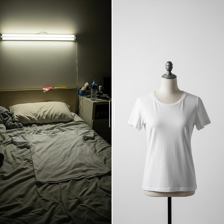 Comparación lado a lado de fotografía de producto: a la izquierda una camiseta mal fotografiada con luz deficiente y fondo desordenado, a la derecha la misma prenda con fotografía profesional en maniquí con iluminación perfecta y fondo limpio.