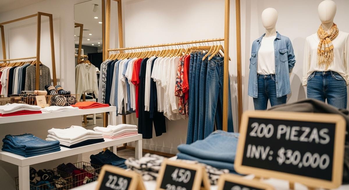  Interior de boutique mostrando inventario curado: rack de madera con 20-25 prendas colgadas profesionalmente, mesa con ropa doblada, dos maniquíes con outfits completos. Letrero muestra "200 piezas, inversión $30,000". Iluminación profesional, mobiliario moderno, ambiente organizado representando inversión tangible en inventario físico.