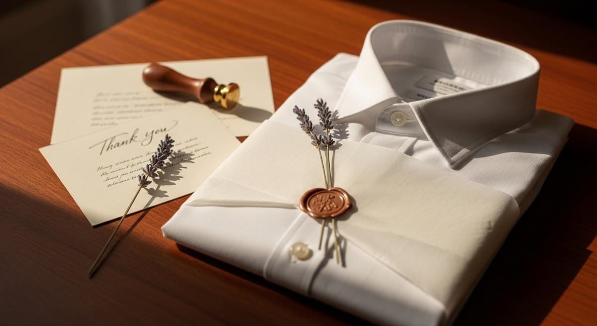 Camisa blanca de alta calidad artísticamente presentada con carta personalizada, lavanda y papel elegante, simbolizando la experiencia premium que justifica precios más altos en moda.