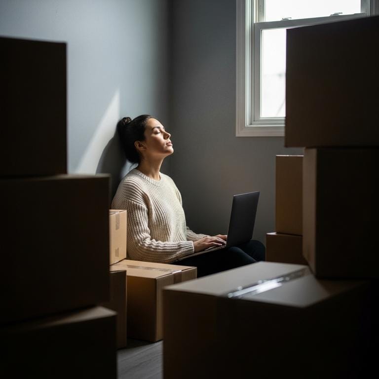 Emprendedora sentada en el suelo rodeada de cajas de inventario apiladas, con expresión de agotamiento y estrés, representando el peso emocional y financiero del stock muerto en un negocio de ropa.