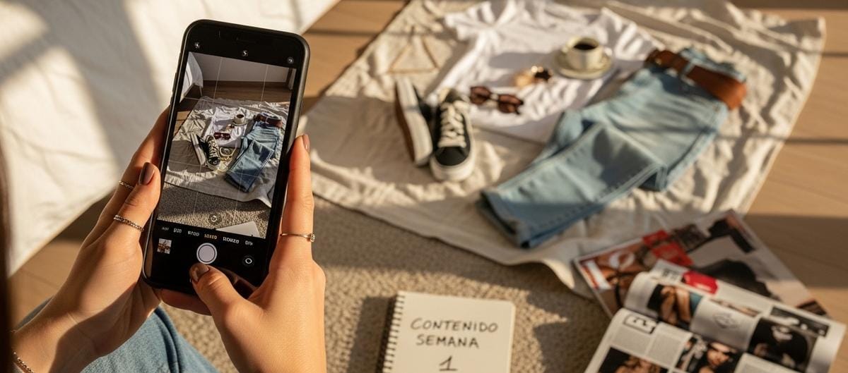 Manos de emprendedor tomando foto con smartphone de un outfit estilizado sobre tela de lino. Al fondo, luz natural dorada ilumina el espacio casero. En el piso, libreta con notas de contenido semanal. Escena representa creación de contenido orgánico accesible para marketing sin presupuesto.
