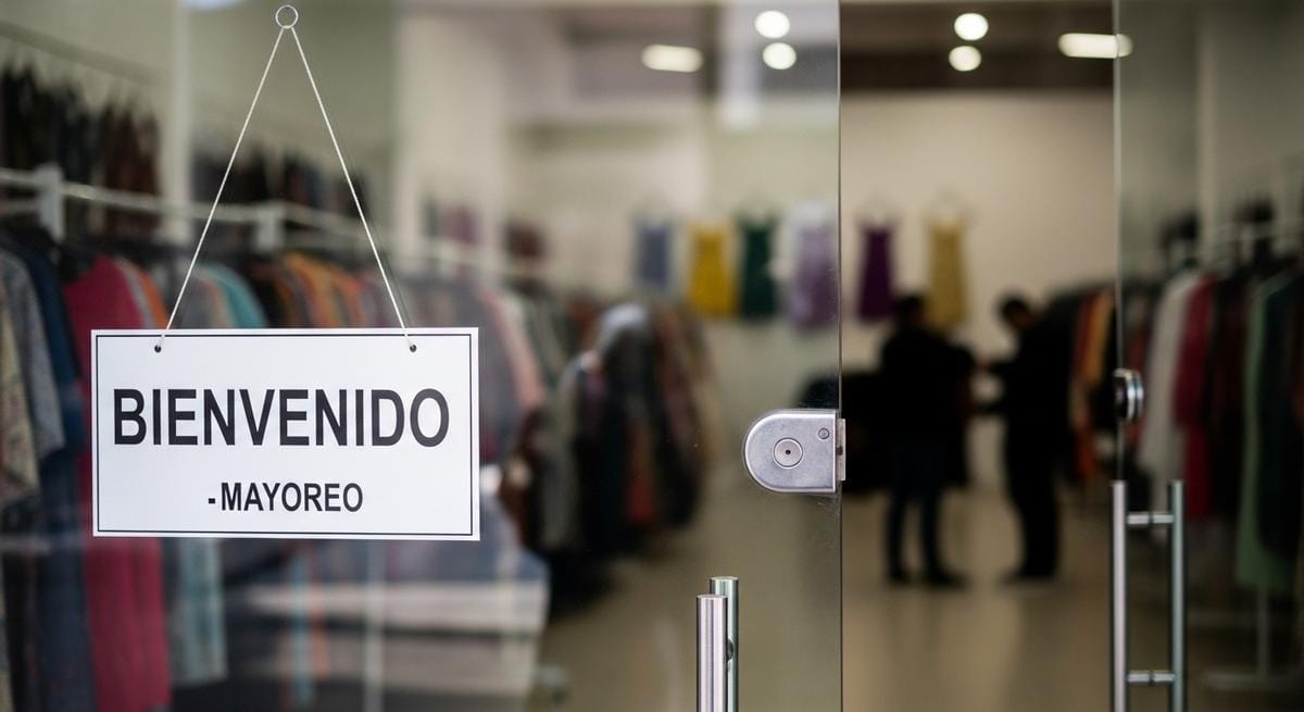 Entrada abierta de establecimiento mayorista con letrero de bienvenida y racks de ropa visible al interior, representando accesibilidad para emprendedores nuevos.