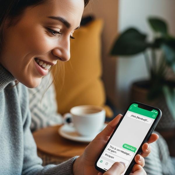Cliente sonriendo genuinamente mientras lee mensaje personalizado de WhatsApp Business en ambiente cómodo, demostrando la diferencia entre valor y spam.