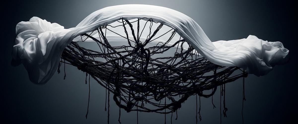 Una tela blanca y delicada flotando en la superficie, con hilos oscuros y enredados visibles debajo que la mantienen atada, simbolizando los miedos ocultos que paralizan al emprendedor de moda.