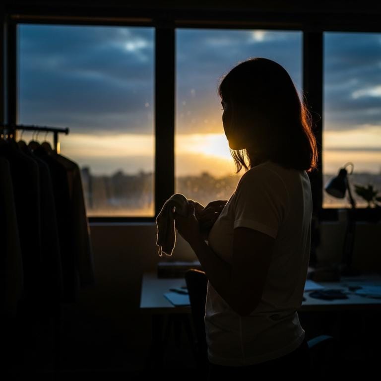 Emprendedora de espaldas frente a una ventana grande al amanecer, sosteniendo una prenda cerca de su pecho mientras observa los primeros rayos dorados del sol atravesando las nubes oscuras, simbolizando la esperanza y persistencia antes del éxito.