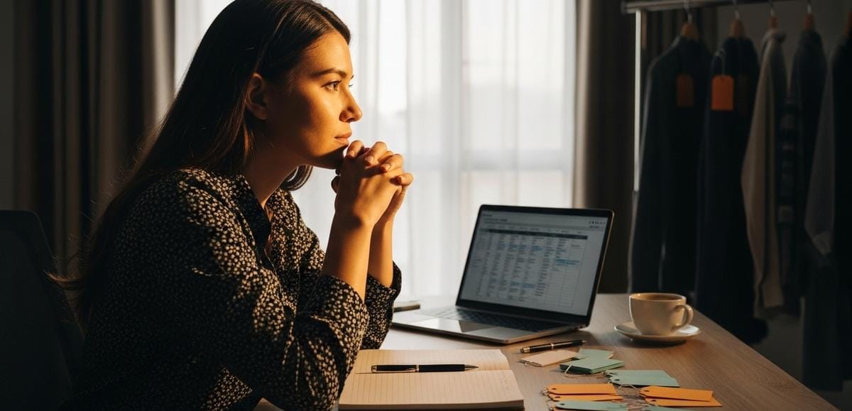 Emprendedor de moda trabajando con expresión confiada, medio rostro iluminado por luz dorada, rodeado de herramientas de pricing y prendas organizadas, simbolizando la transformación de incertidumbre a claridad en estrategia de precios.