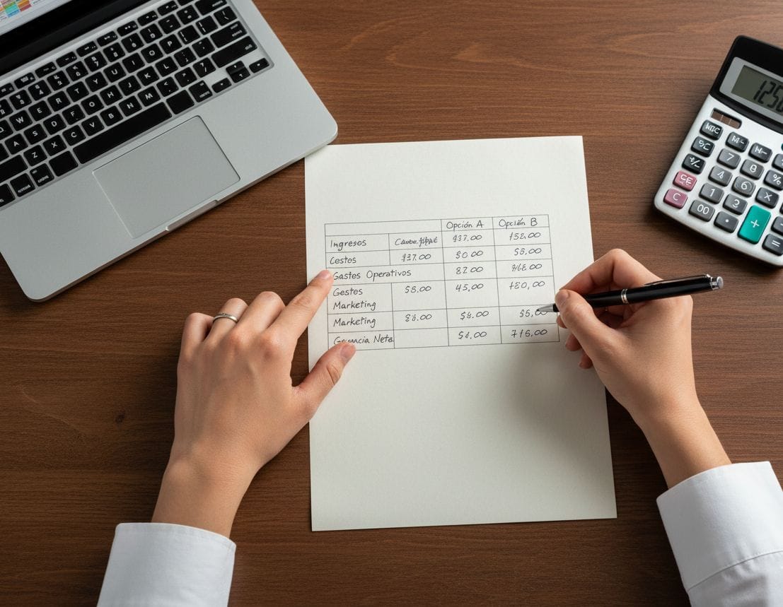 Vista superior de un escritorio con presupuesto detallado escrito a mano comparando costos de plataformas de e-commerce, rodeado de calculadora, billetes mexicanos y laptop, mostrando transparencia en análisis de costos reales.