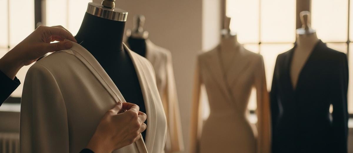 Manos de diseñador ajustando obsesivamente una prenda ya perfecta en un maniquí, mientras una colección completa y lista permanece sin usar en el fondo, representando la parálisis del perfeccionismo.