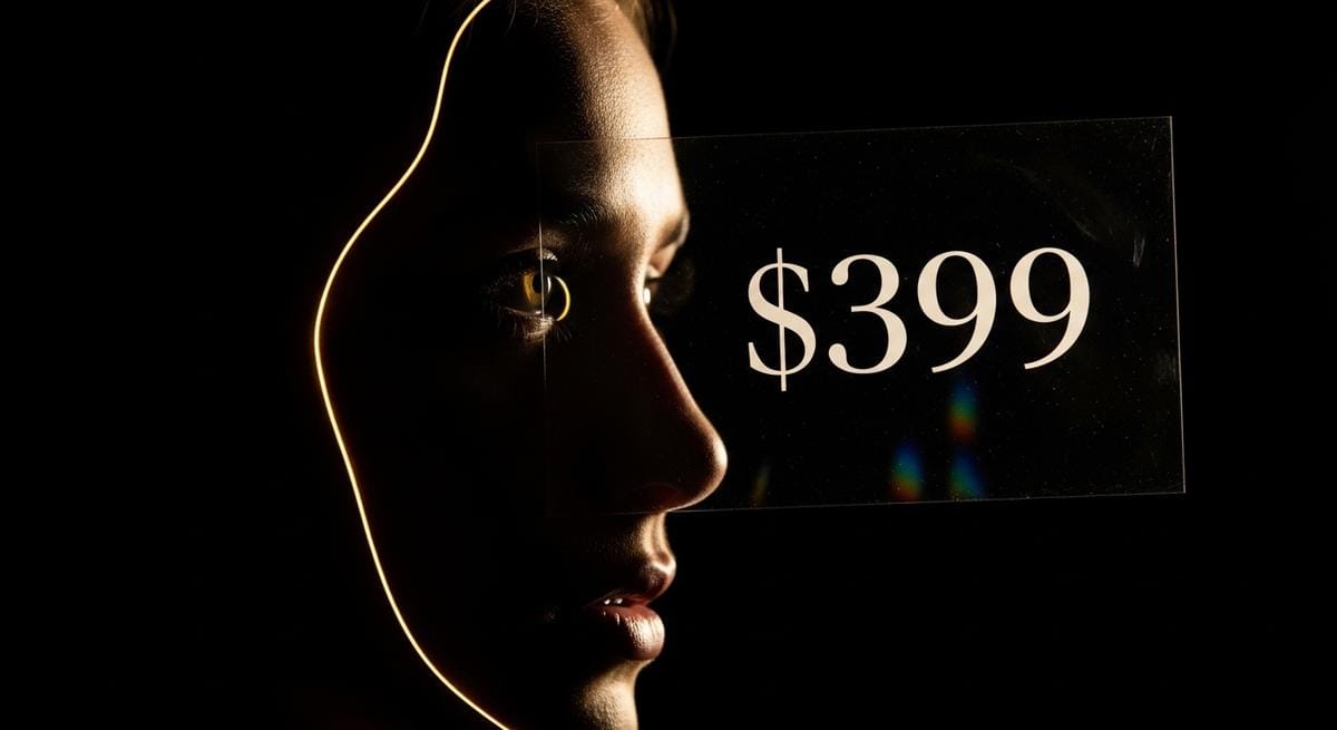 Perfil de persona observando intensamente un precio a través de panel transparente, simbolizando la psicología y percepción del cliente al evaluar precios en moda.