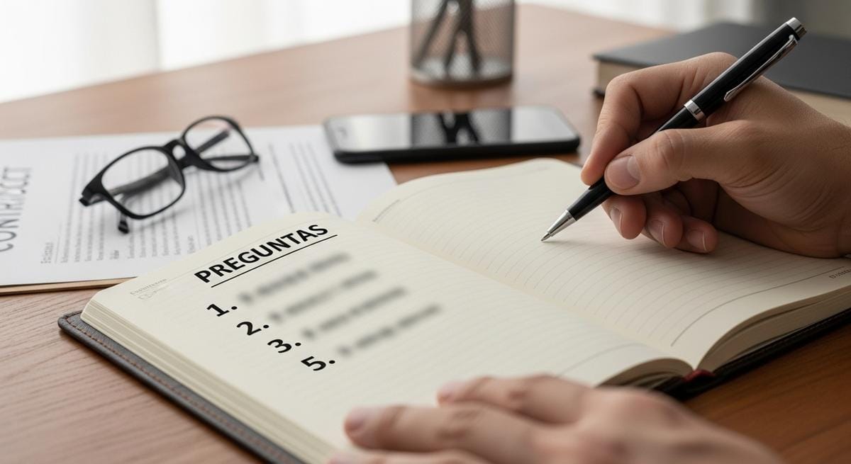 Cuaderno de cuero abierto con checklist escrito, pluma, teléfono y contrato sobre escritorio, representando preparación y preguntas esenciales antes de comprometerse con un proveedor.