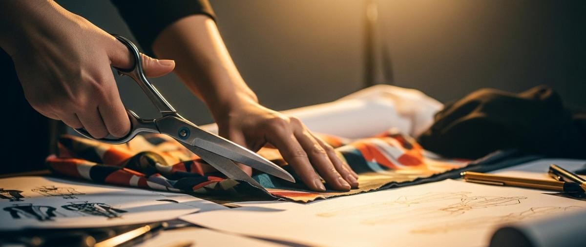 La mano de un diseñador cortando confiadamente la primera pieza de tela para su colección inaugural, capturando el momento decisivo de transformar la idea en realidad.