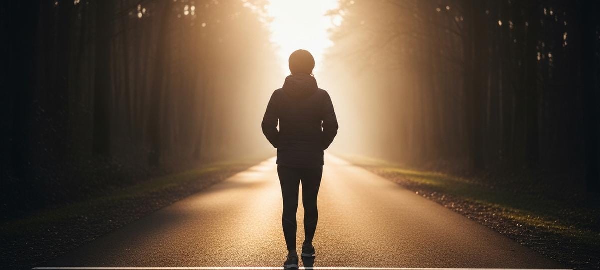 Una persona de pie en la línea de salida de un camino bañado en luz dorada, con una postura que muestra determinación tranquila, simbolizando que el primer paso es un acto de valentía.