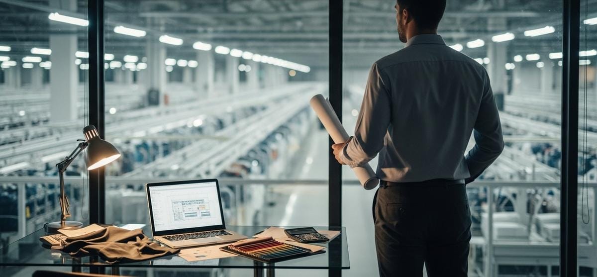 Emprendedor visto de espaldas mirando hacia una fábrica textil a través de ventanas, con planos y laptop en mesa, representando el siguiente nivel con proveedores directos.