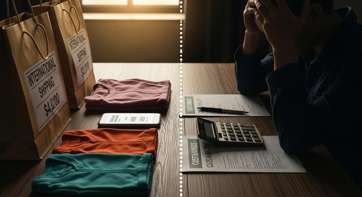 Mesa dividida visualmente: un lado muestra bolsas de compras online y ropa colorida con precios bajos, otro lado muestra calculadora con márgenes ajustados y documentos, representando la realidad de revender productos de plataformas internacionales.