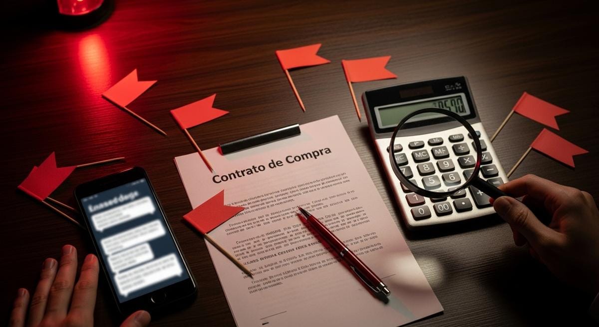 Vista de escritorio con contrato, calculadora, teléfono y pequeñas banderas rojas de advertencia, con mano sosteniendo lupa, representando señales de alerta al evaluar proveedores.