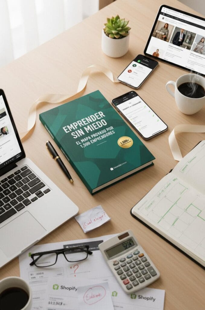 Composición visual de tres zonas mostrando la transformación del emprendedor de ropa: inferior izquierda con calculadora, papeles de comparación Shopify-Tiendanube tachados y nota amarilla '¿Cuál elegir?' representando confusión; centro con la guía 'Emprender Sin Miedo' en teal y smartphone con comparativa clara; superior derecha con tablet mostrando tienda de ropa online funcionando, notificación de venta, planner con checklist completada y café fresco simbolizando éxito del lanzamiento.