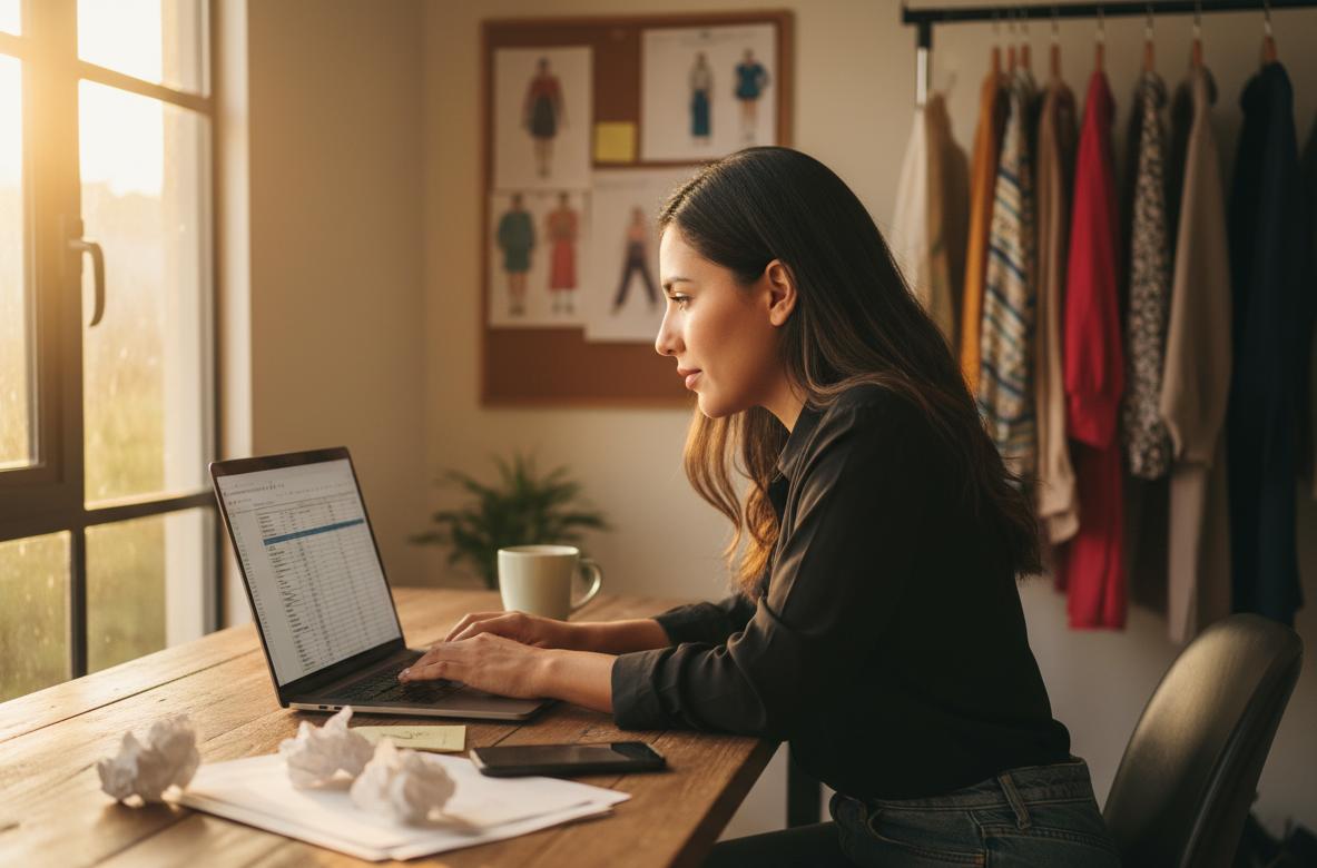 Una joven emprendedora latina trabajando concentrada en su laptop en una oficina casera, tomando la decisión de qué plataforma de e-commerce elegir para su tienda de ropa, con muestras de ropa y notas al fondo.