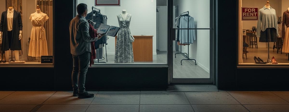 Una persona en ropa casual parada dudosamente frente a un local comercial vacío, con su reflejo en el vidrio mostrando incertidumbre, mientras ve boutiques exitosas cercanas, simbolizando el síndrome del impostor del emprendedor novato de ropa.