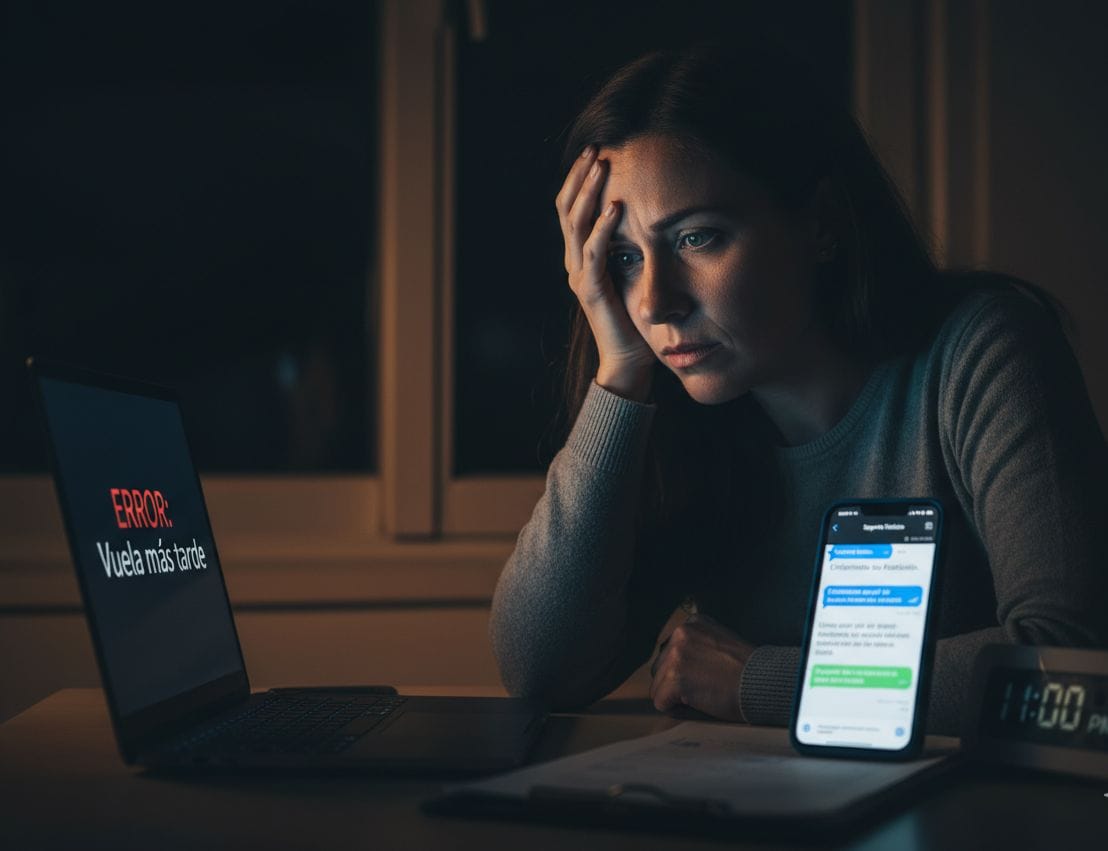 Emprendedora trabajando tarde en la noche con expresión preocupada frente a laptop con error, sosteniendo teléfono que muestra conversación de soporte en español, capturando la importancia del soporte técnico accesible en momentos críticos.